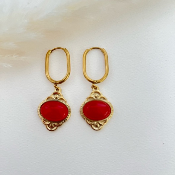 Elegant Stone Pendant Hoops - Dainty Boho Earrings - Flirty Coquette Earrings - Picture 4 of 15